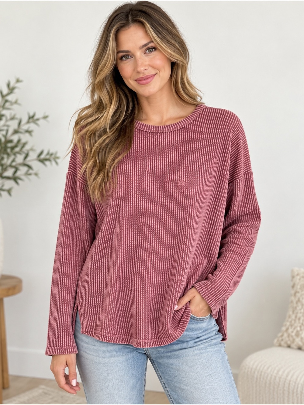 24/7 by Maurices Ribbed Long Sleeve Crew Neck Top Dusty Rose Medium